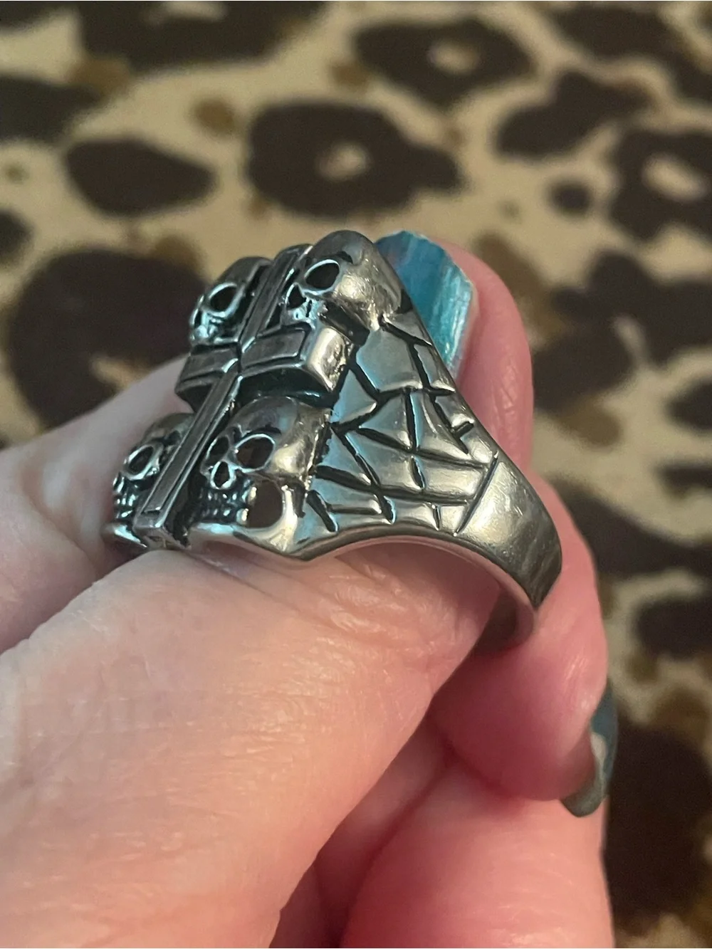 Men's Stainless Steel Cross & Skull Statement Ring Sz 14.75